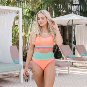 Brand New Pink Lily Coral Color Block Bikini Top
